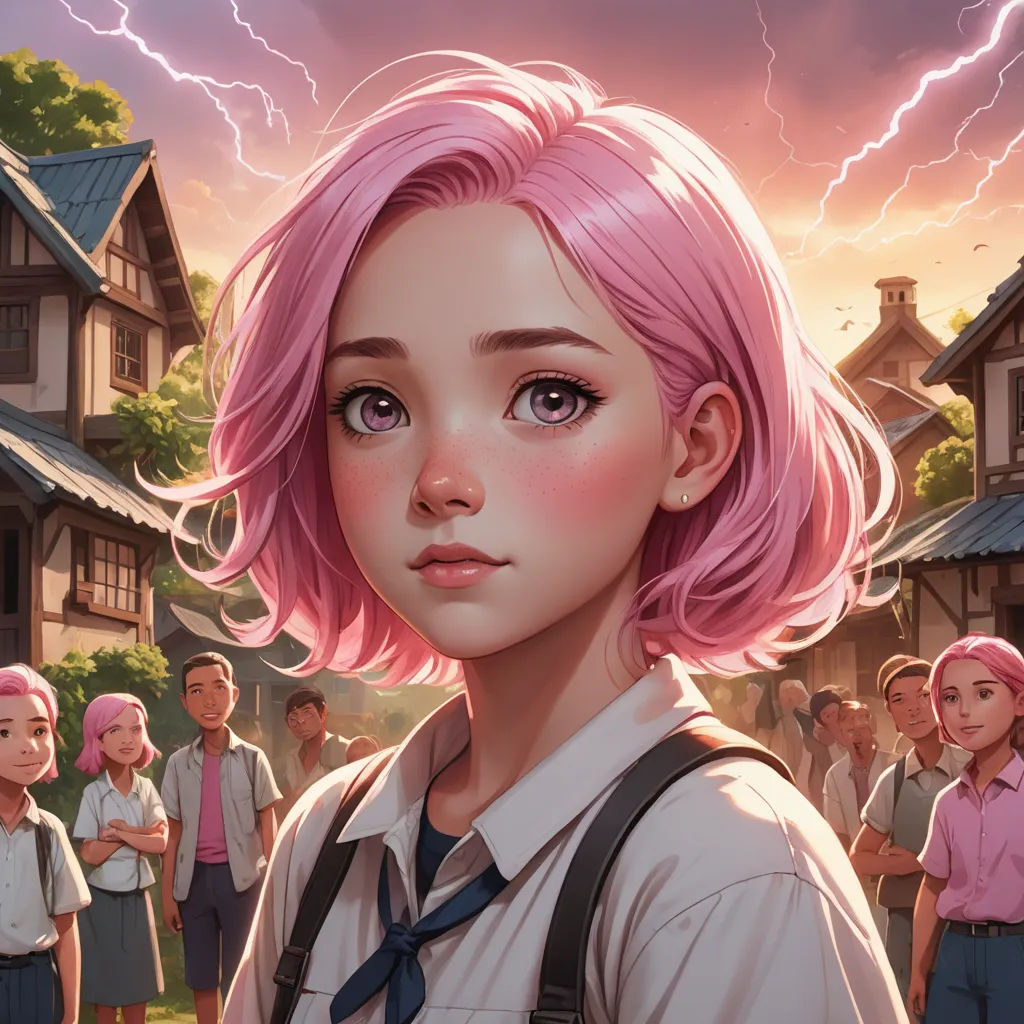 a girl with pink hair and a school uniform stands in front of a group of people in a village, fantasy art, a character portrait, Artgerm, rossdraws global illumination