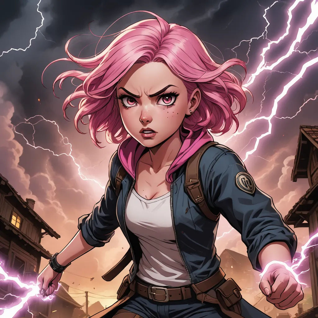 a girl with pink hair and a pink hair is standing in front of a lightning storm and holding a gun, shock art, a comic book panel, Artgerm, comic cover art