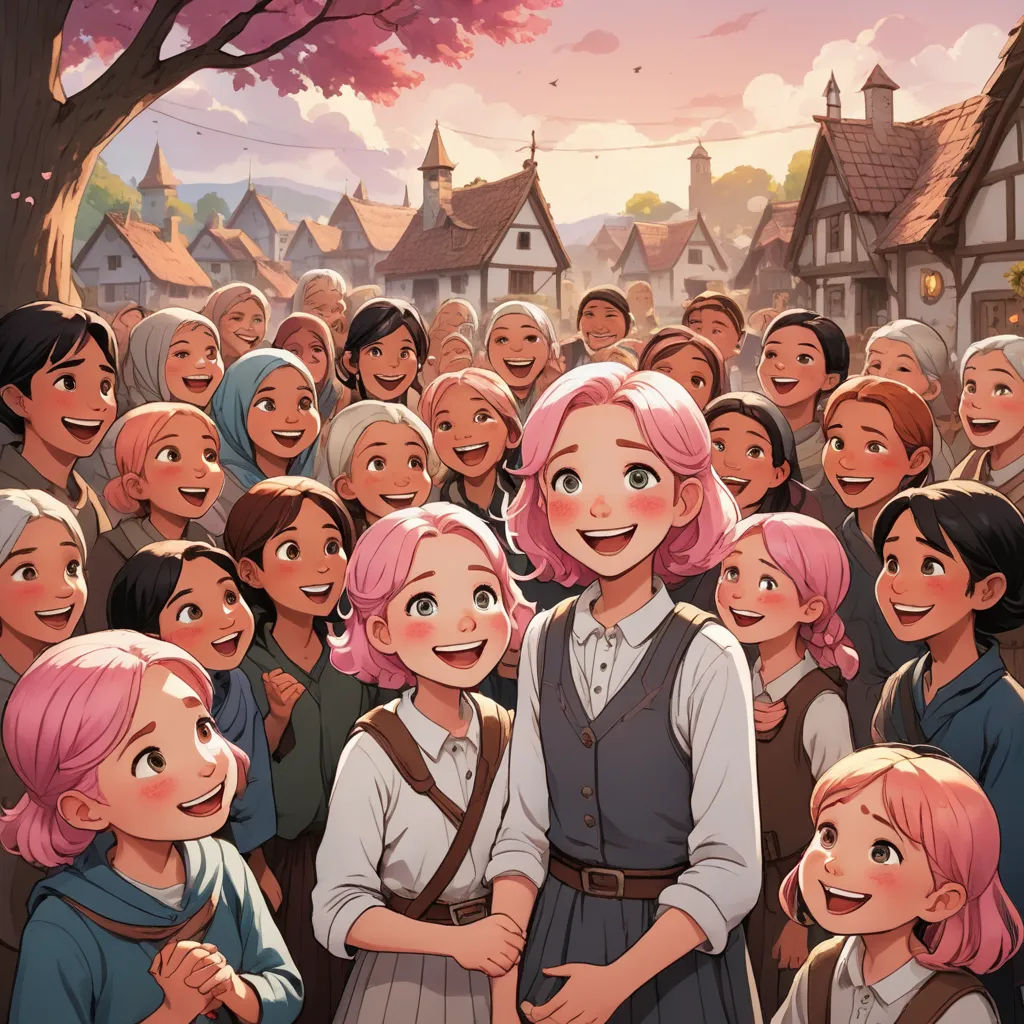 a group of people standing in front of a tree with a sky background and a person with pink hair, remodernism, a storybook illustration, Anne Said, official art