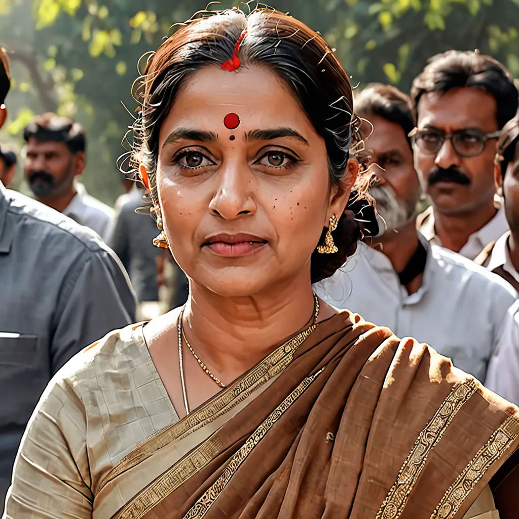 a woman in a sari standing in front of a crowd of people in india, with a red nose ring, samikshavad, a poster, Ella Guru, movie still frame