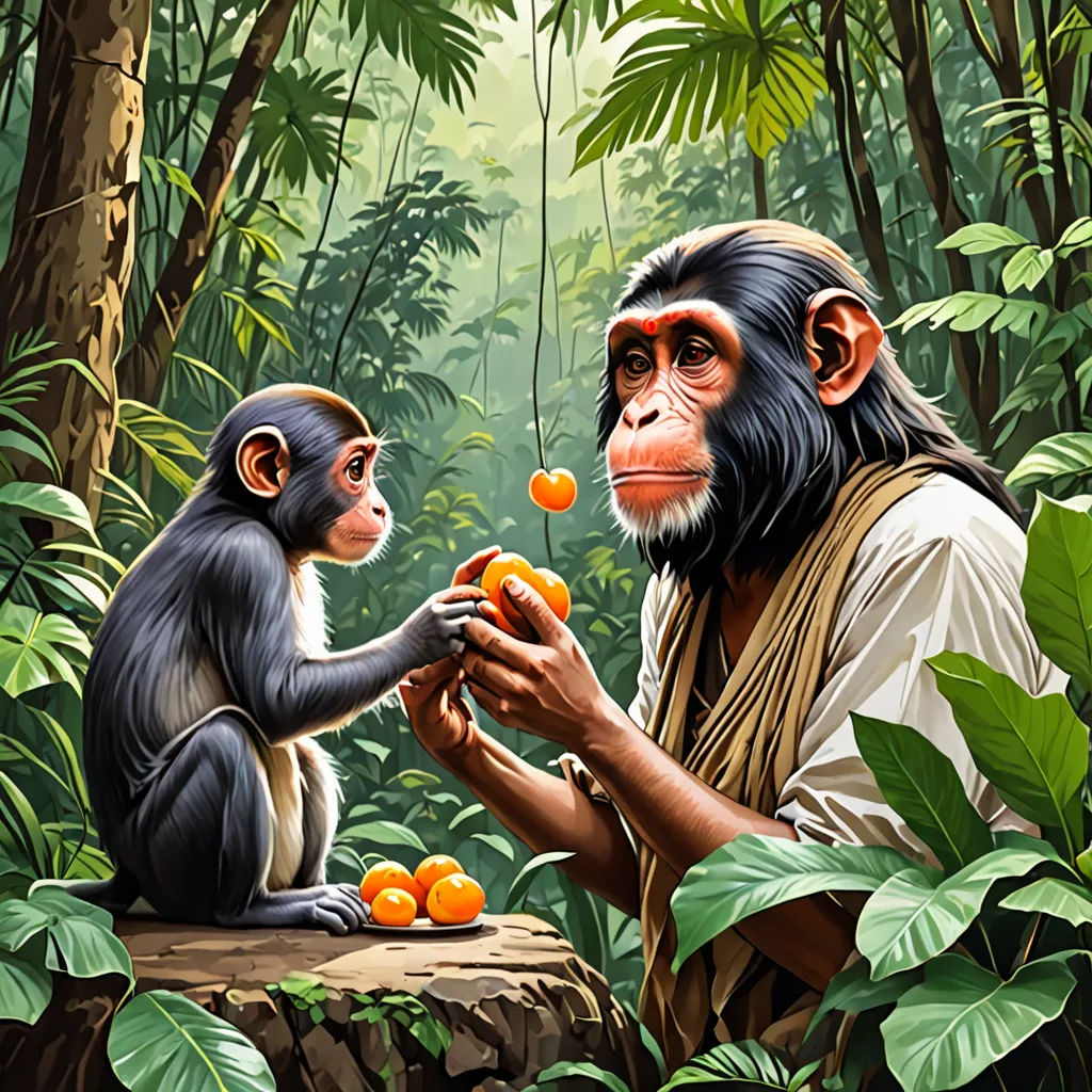 a monkey and a monkey are eating oranges in the jungle together, with a man holding a monkey, primitivism, poster art, Alex Petruk APe, highly detailed digital painting