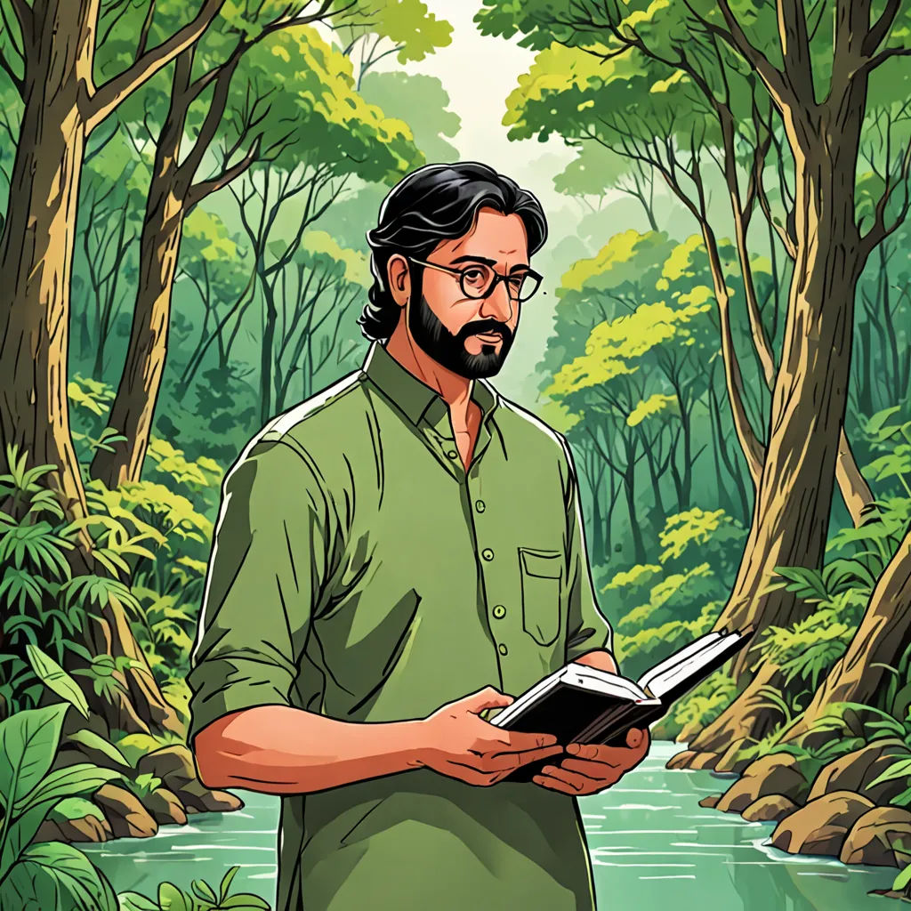 a man standing in a forest holding a book in his hands and reading a book in his other hand, naturalism, a character portrait, Bikash Bhattacharjee, graphic novel