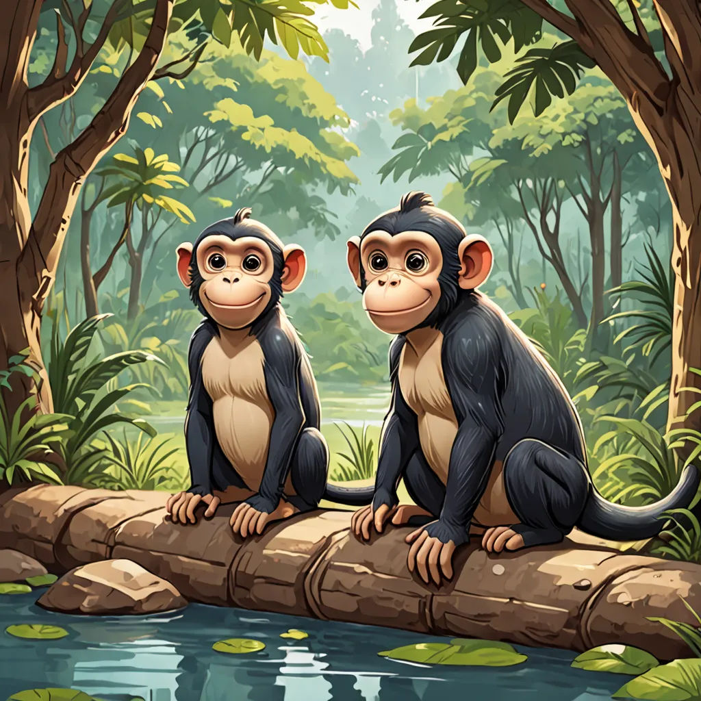 two monkeys sitting on a log in the forest by a river or lake with lily pads on the ground, primitivism, a storybook illustration, Brothers Hildebrandt, highly detailed digital painting