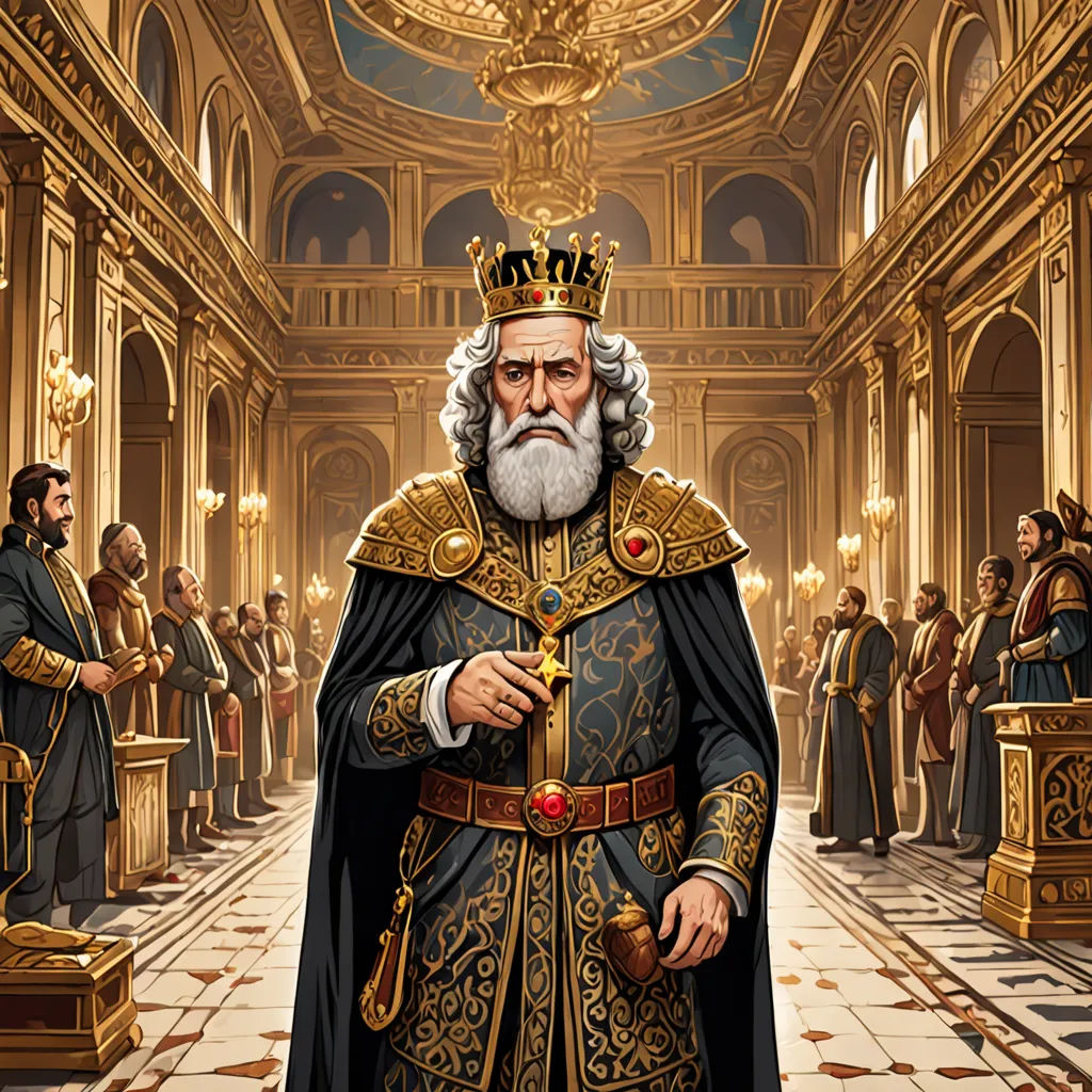 a man in a crown and robe standing in a hall with other people in the background and a gold crown on his head, qajar art, a character portrait, Artur Tarnowski, game art