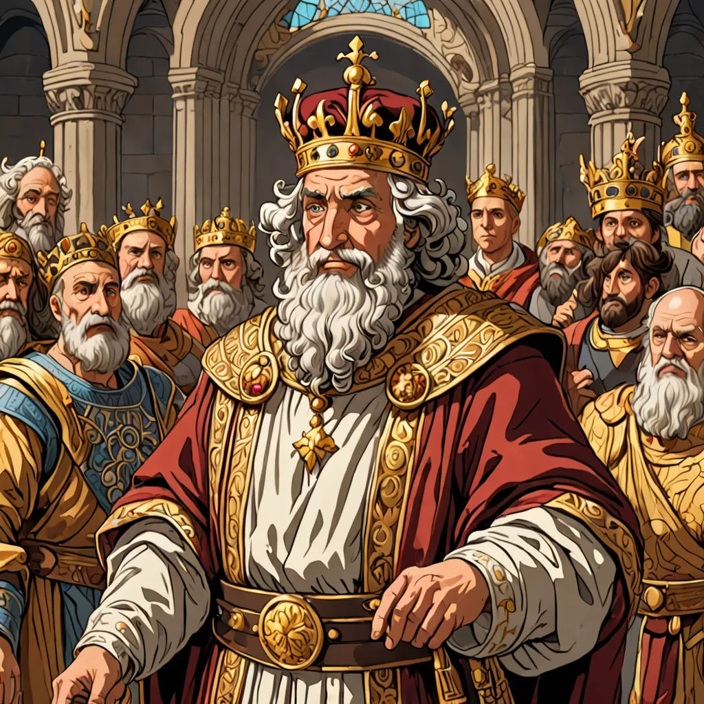 a painting of a man in a crown surrounded by other men in robes and robes, all wearing gold, incoherents, a detailed drawing, Edward Otho Cresap Ord, II, highly detailed digital painting