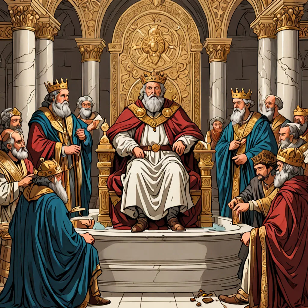 a painting of a king sitting on a throne surrounded by other men and women in robes and robes, all wearing crowns, incoherents, a detailed drawing, Edward Otho Cresap Ord, II, highly detailed digital art
