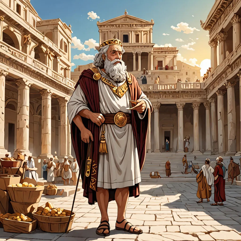 a painting of a man in a roman costume standing in a courtyard with a basket of potatoes in front of him, neoism, a detailed matte painting, David Paton, highly detailed digital painting