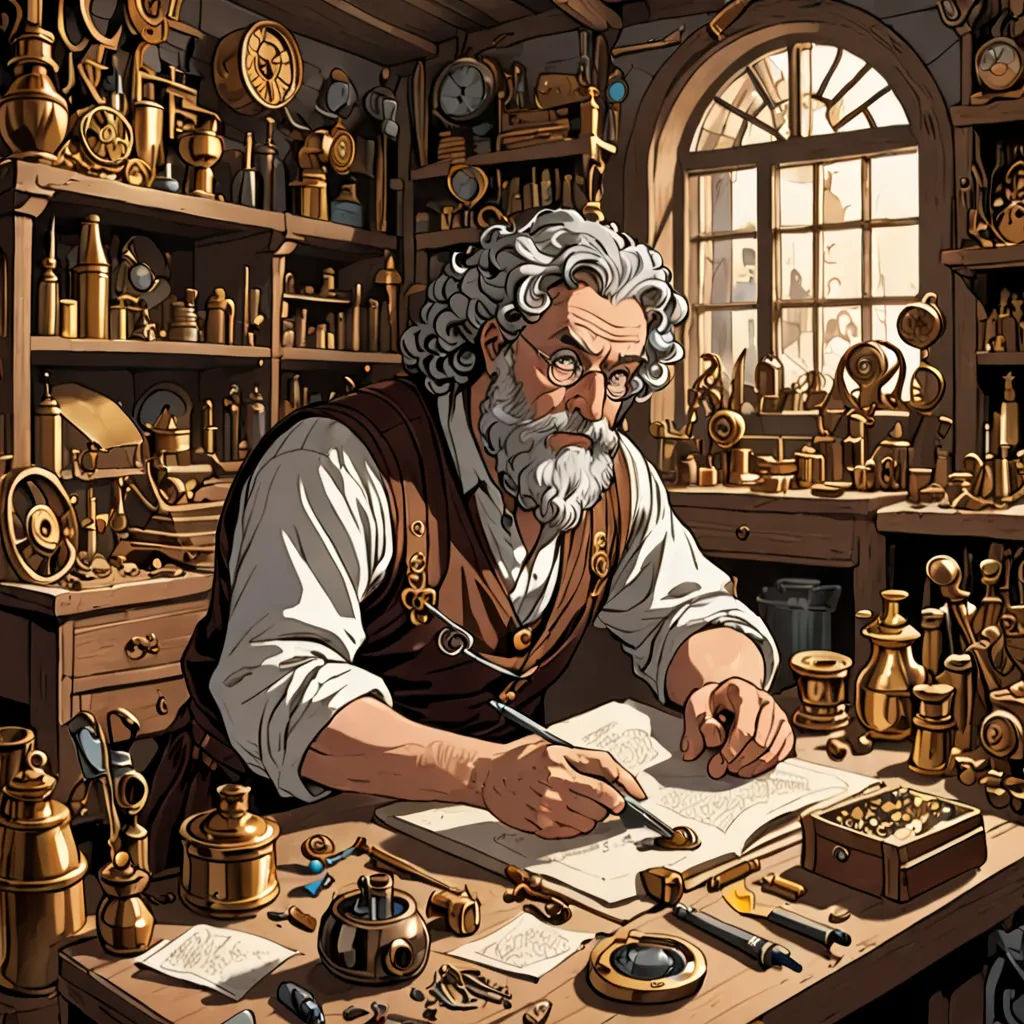 a man sitting at a desk with a book and pen in his hand and a lot of other items on the table, fantasy art, a storybook illustration, Diego Gisbert Llorens, highly detailed digital art