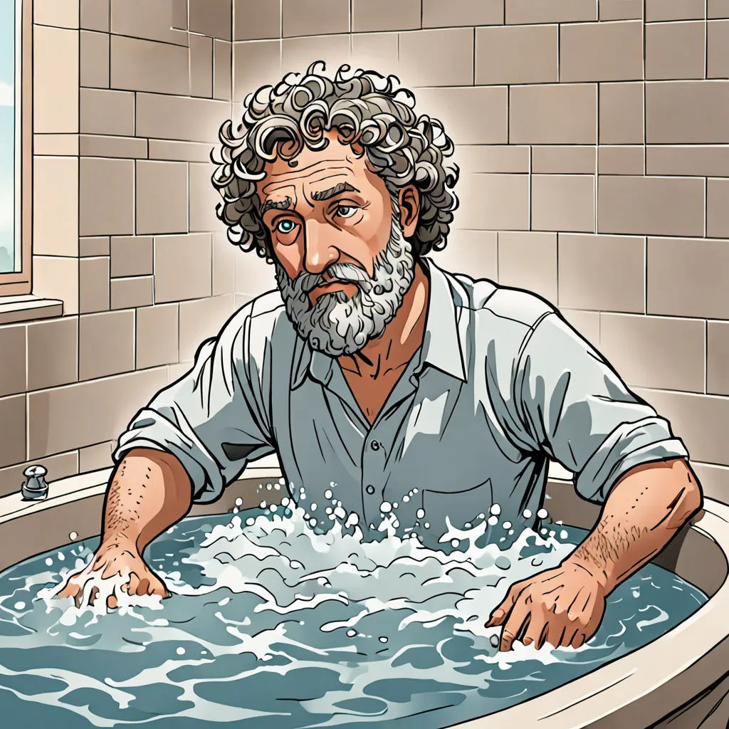 a man sitting in a bathtub with water in it and a brick wall behind him and a window, context art, a character portrait, F. Scott Hess, high detail illustration