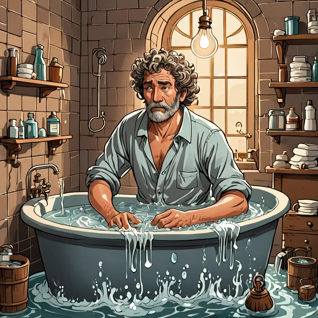 a man in a bathtub with a lot of water running down the side of it and a window above it, context art, a storybook illustration, F. Scott Hess, high detail illustration