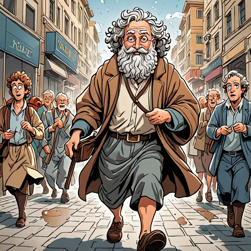 a man with a beard and a long coat walking down a street with other people behind him and a crowd of people walking around him, les automatistes, a comic book panel, Asaf Hanuka, comic cover art