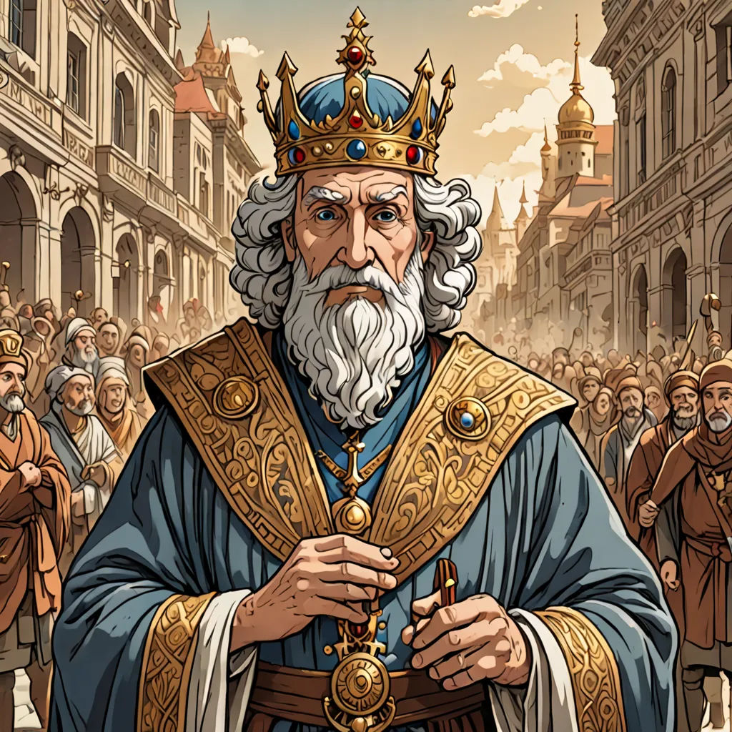 a cartoon of a man in a crown and robes with a crowd of people behind him in the background, fantasy art, a detailed drawing, Artur Tarnowski, epic fantasy character art