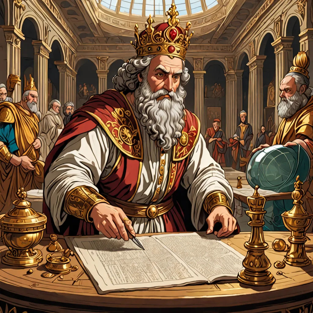 a cartoon of a man in a crown sitting at a table with a book and a pen in his hand, letterism, a detailed drawing, Donato Giancola, highly detailed digital painting