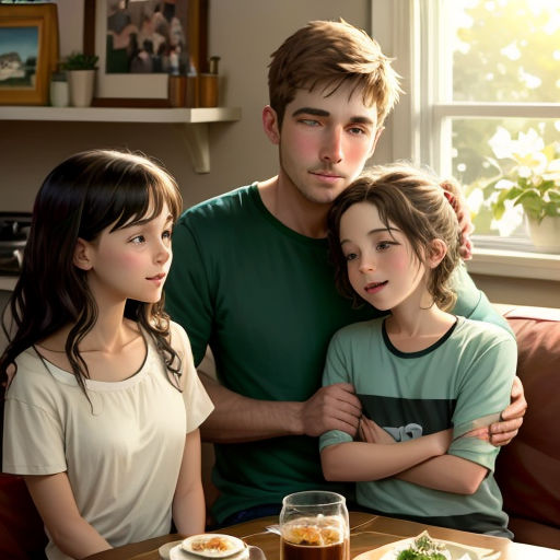 a man and two children sitting at a table with food on it and a plate of food on the table