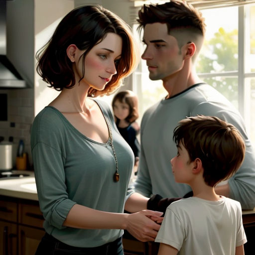 a man and woman standing in a kitchen with a boy looking at them and a woman holding a boy's hand