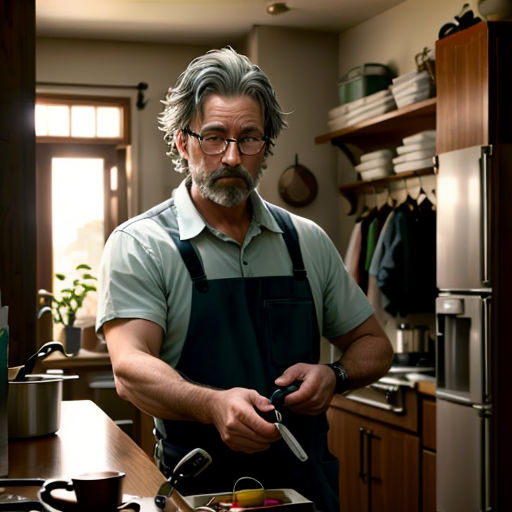 a man in a kitchen holding a knife and a knife block in his hand and a coffee mug on the counter