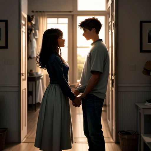 a man and a woman standing in a hallway holding hands and looking at each other with a light shining through the window