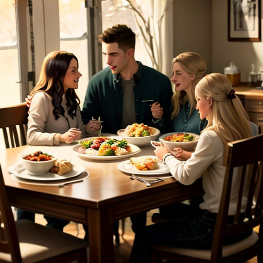 a group of people sitting around a table eating food together, with a man standing behind them and a woman standing behind them