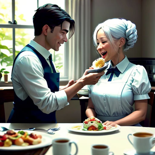 a man and woman are eating at a table together, with cups of coffee and plates of food on the table