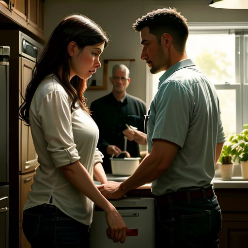 a man and woman standing in a kitchen next to a stove top oven and a window with a man looking at the woman