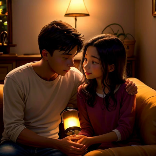 a young man and woman sitting on a couch looking at a lantern in the dark, with a lamp on the table