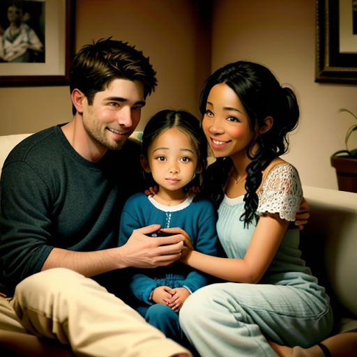 a man and woman sitting on a couch with a child on their lap and a cell phone in their hand