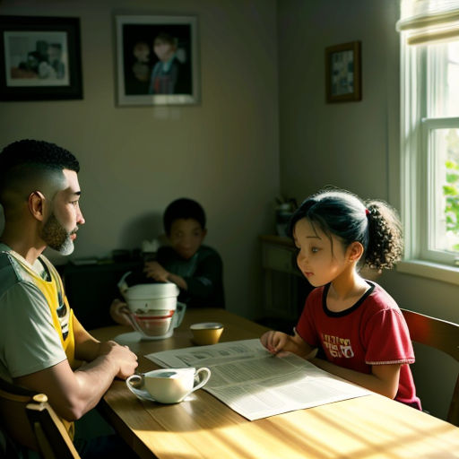 a man and a little girl sitting at a table with a cup of coffee in front of them and a menu