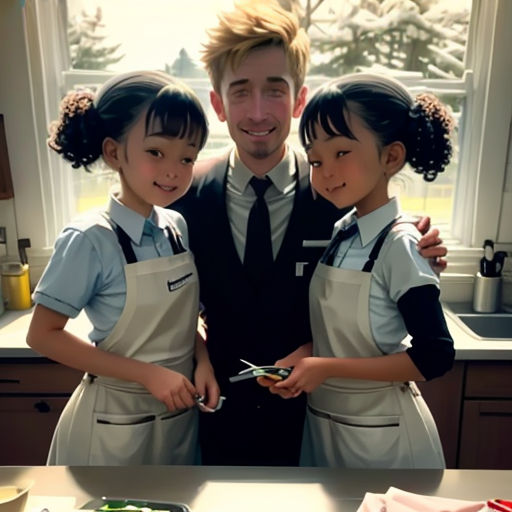 a man and two young girls standing in front of a counter with food on it and a tray of vegetables