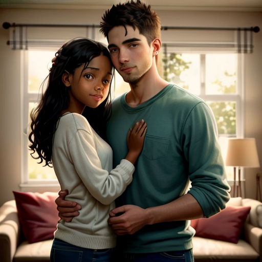 a man and a woman standing in front of a couch in a living room with a window behind them