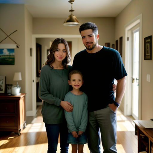 a man and woman standing next to a boy in a living room with a wooden floor and a ceiling fan