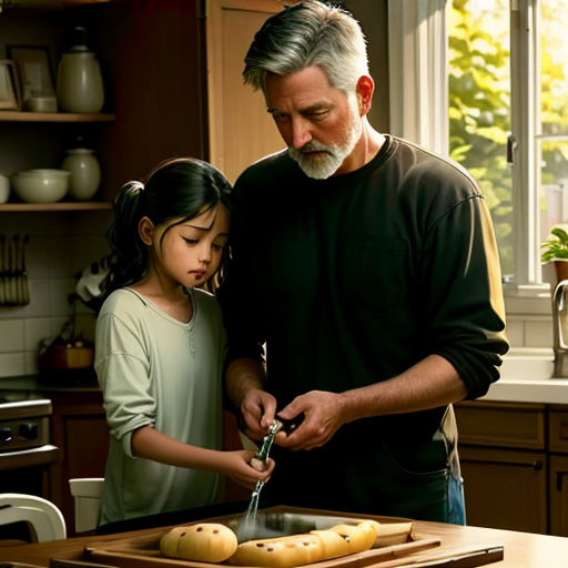 a man and a little girl are cutting some food together in the kitchen together, with a knife and a fork