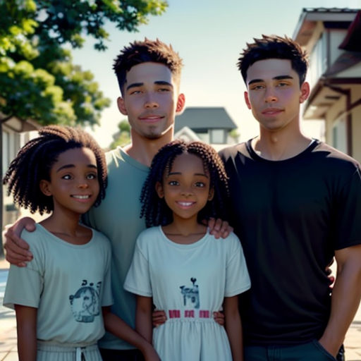 a family of four standing in front of a house with a pool in the background and a house in the background
