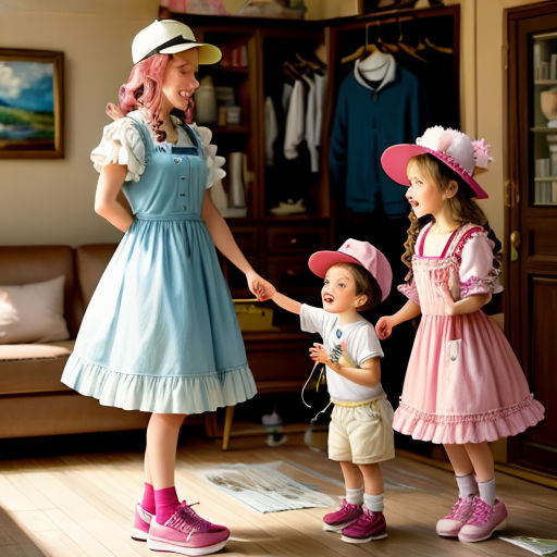 a woman and two children are standing in a room with clothes on a rack and a couch in the background