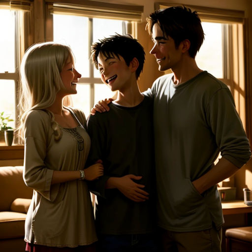 a group of people standing next to each other in a living room next to a window with a plant