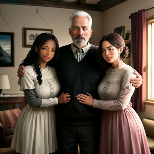 a man and two women standing next to each other in a living room with a window behind them and a man in a suit and tie