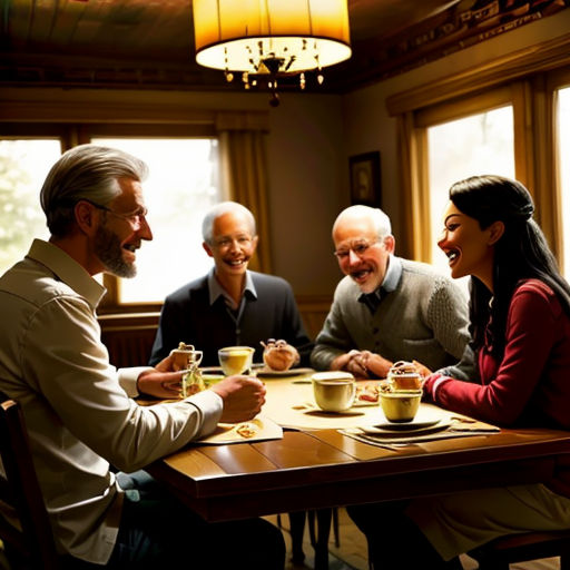 a group of people sitting around a table having a conversation and laughing together, with a man in the middle of the table