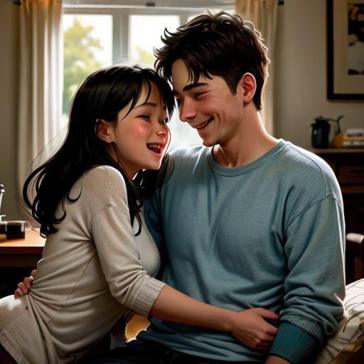 a man and a woman sitting next to each other on a couch together smiling at each other's eyes