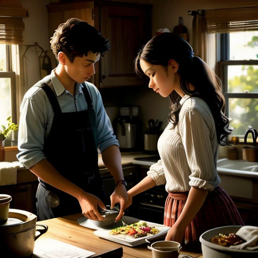 a man and a woman are preparing food in a kitchen together, one of them is cutting a piece of food