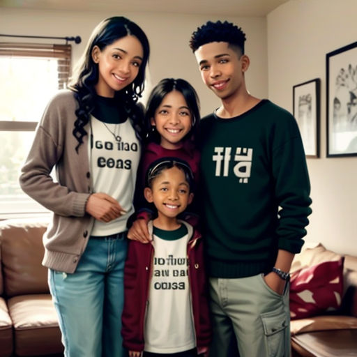 a family posing for a picture in their living room with a couch and a window behind them and a couch in the background