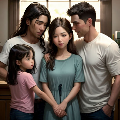a family standing in a kitchen with a window behind them and a man standing behind them with a girl