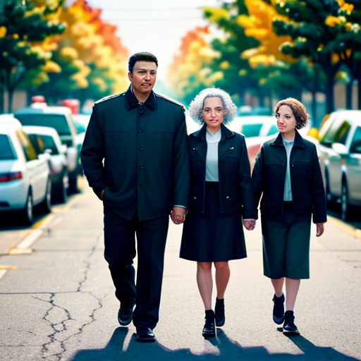 a man and two women walking down a street holding hands and smiling at the camera with cars parked on the side of the road behind them