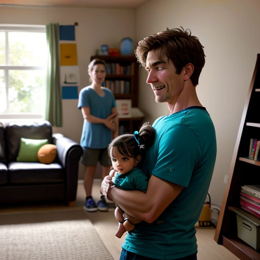 a man holding a little girl in his arms in a living room with a woman and a man in the background