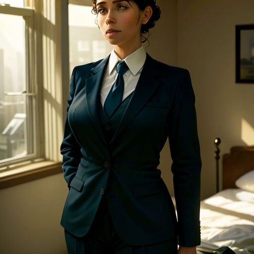 a woman in a suit standing in front of a window in a bedroom with a bed and a window