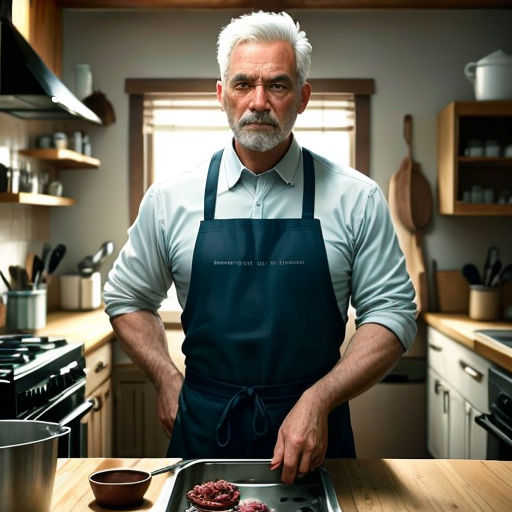a man in an apron is cooking in a kitchen with a pan of food on the counter and a bowl of food on the counter