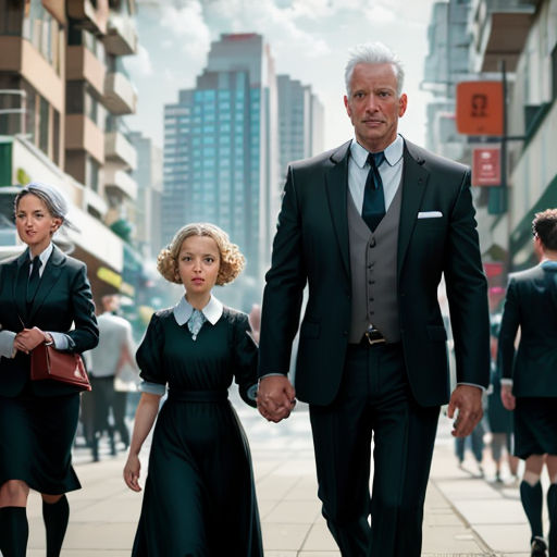 a man and woman walking down a street with a man in a suit and tie on the other side of the street