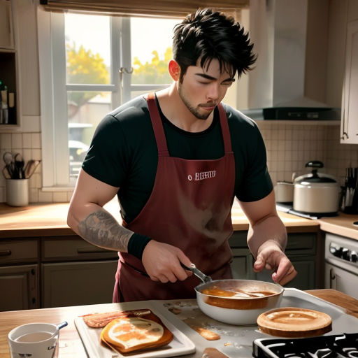 a man in a kitchen preparing food on a stove top oven with a knife and fork in his hand