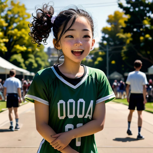 a young girl is smiling and standing on a street with other people in the background and a tent in the background