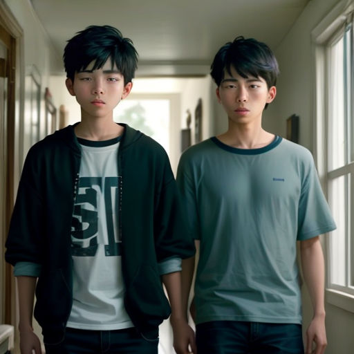two young men standing next to each other in a hallway with windows and a door in the background,
