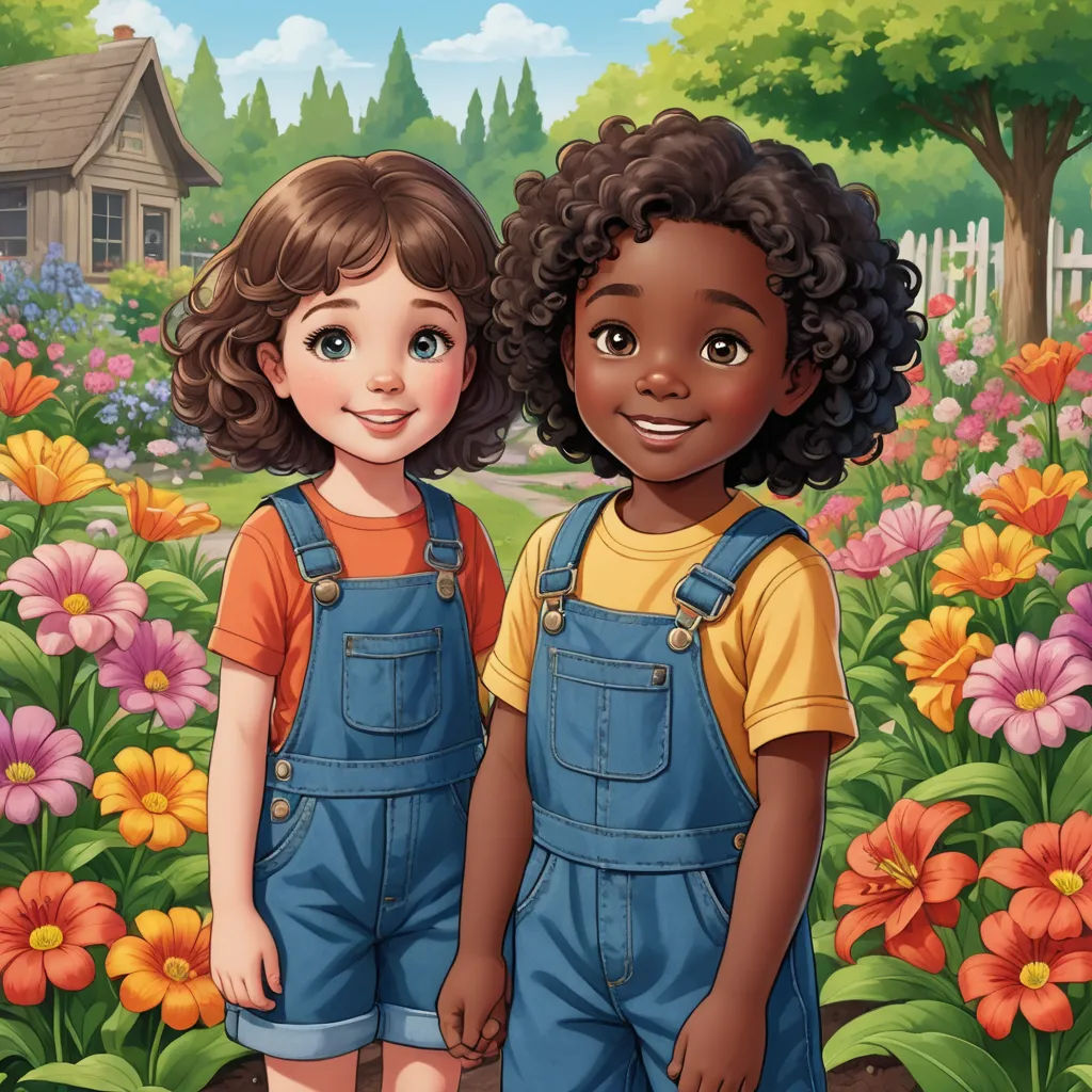 a couple of kids standing in a field of flowers with a house in the background and a dog in the foreground, serial art, a storybook illustration, Anne Said, storybook illustration
