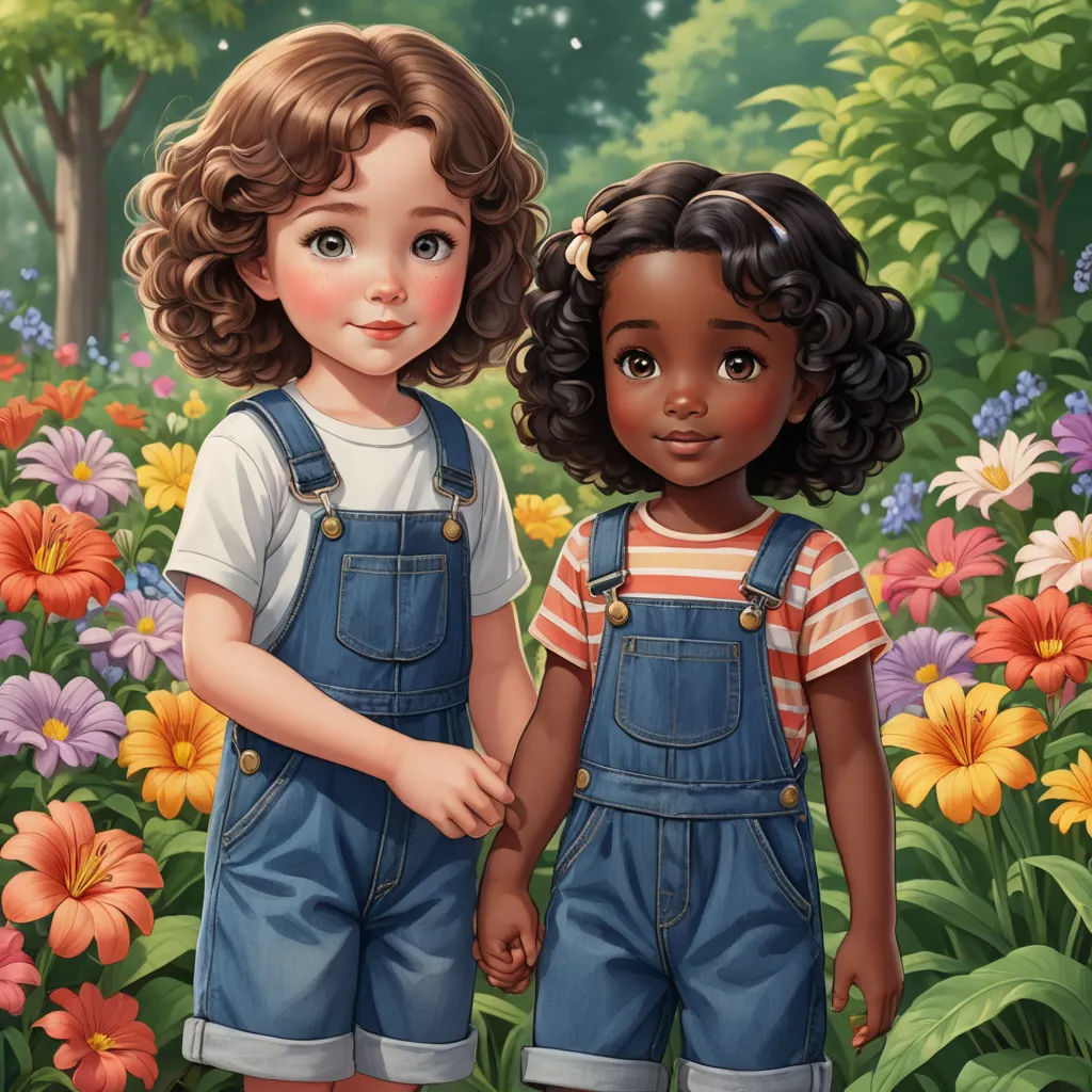 a painting of two children standing in a field of flowers holding hands and looking at the camera with a smile, naive art, a storybook illustration, Beatrice Huntington, trending on art station
